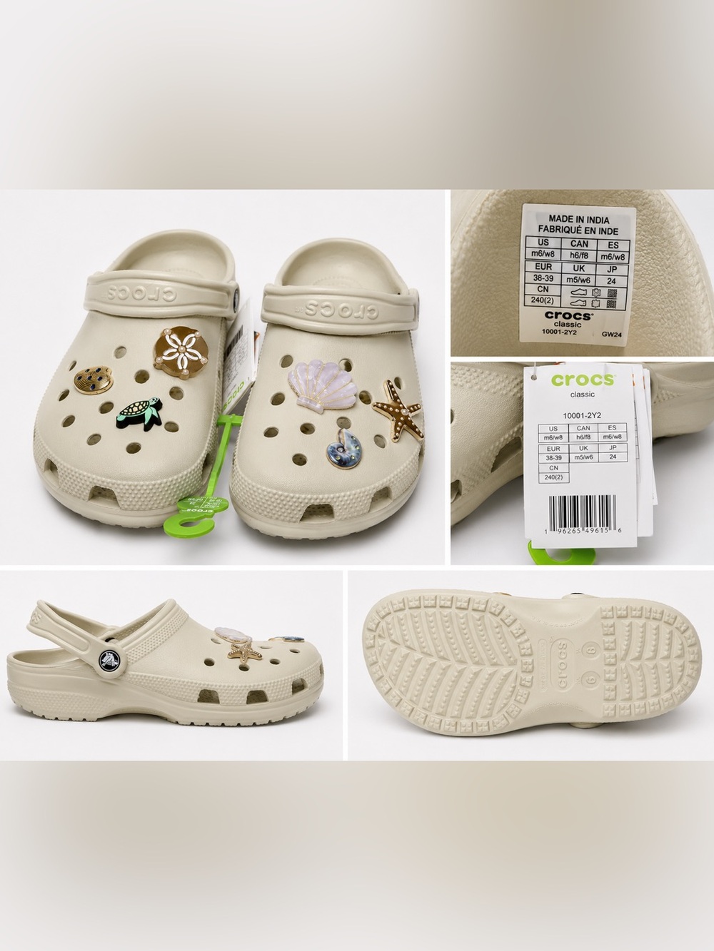 NWT Crocs Classic Clogs Bone/Cream w/ Beach Jibbitz Charms | Women’s 8 / Men’s 6